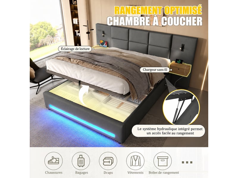  Lit coffre 180x200 en velours gris foncé avec tête de lit rembourrée, éclairage led et ports usb-c intégrés  - Conforama E