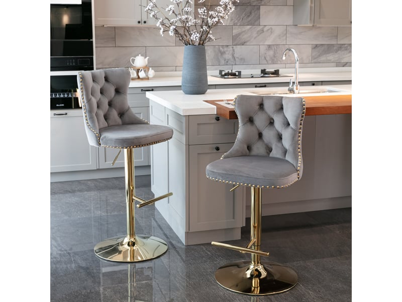  Tabouret de bar pivotant en velours gris, hauteur réglable, dossier capitonné, base dorée  - Conforama B