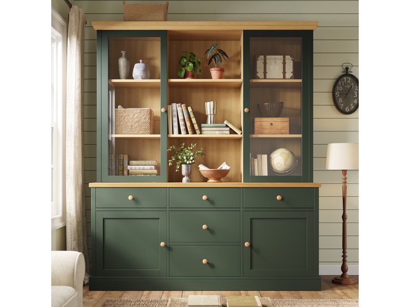  Buffet haut de cuisine 140x40x185 cm, 5 grands tiroirs, portes vitrées, étagères réglables, niches ouvertes, anti-basculement, vert et effet bois  - Conforama B