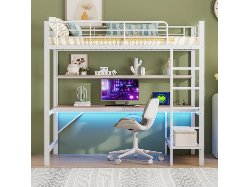 Lit mezzanine blanc 90x200 cm avec bureau, led, usb, prise et étagères - Conforama B