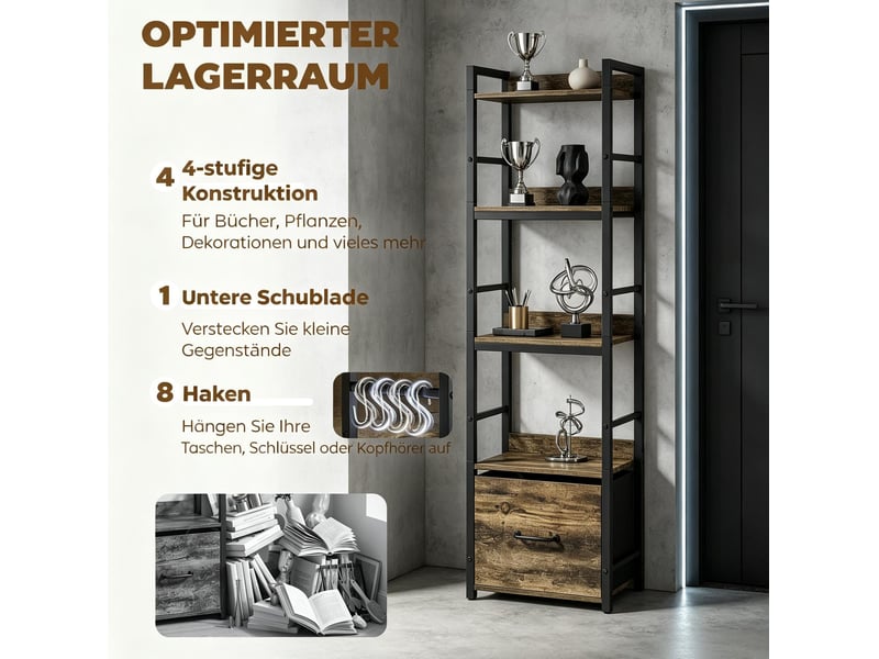  Bibliothèque étroite 39 x 26 x 136,5 cm – marron rustique – 4 étagères, tiroir et 8 crochets  - Conforama E