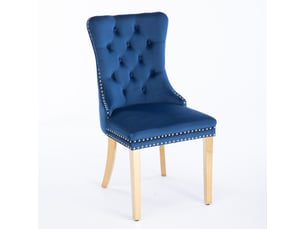 Lot de 2 chaises de salle à manger en velours bleu, dossier haut, pieds en bois à finition dorée