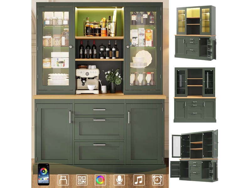  Buffet de cuisine led via appli 140x40x185 cm, 3 tiroirs, étagères réglables, plan de travail - mdf - vert BUYDEEMEUS - Conforama E