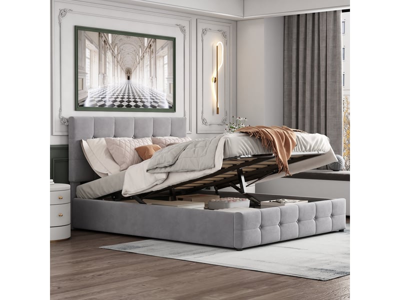  Lit coffre 140*200 cm gris, relevage hydraulique, tête de lit ajustable et sommier métal, tissu velours  - Conforama E