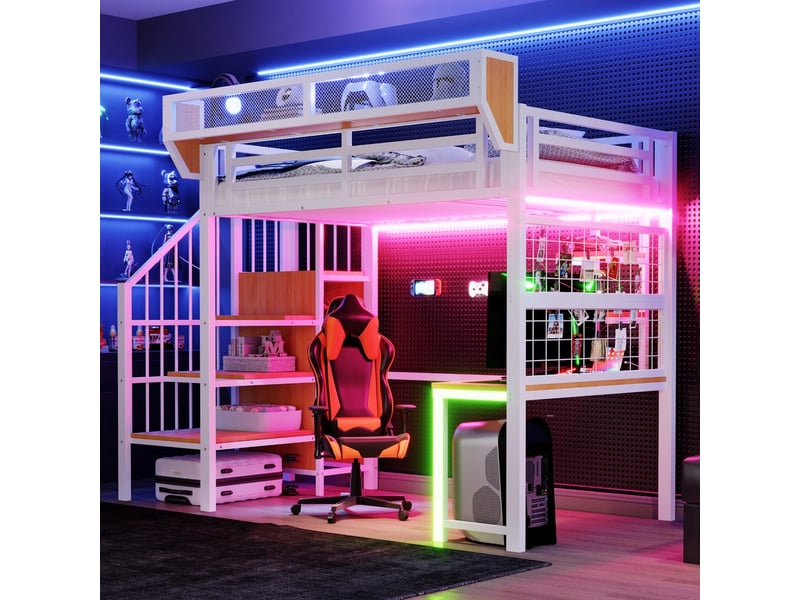 Lit mezzanine métal surélevé 90×200 cm barrières bureau étagère filet rangement échelle sécurité led prise blanc - Conforama E