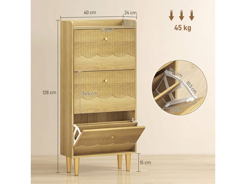  Meuble à chaussures 3 tiroirs basculants 18 paires coloris chêne 60x24x128 cm  - Conforama C