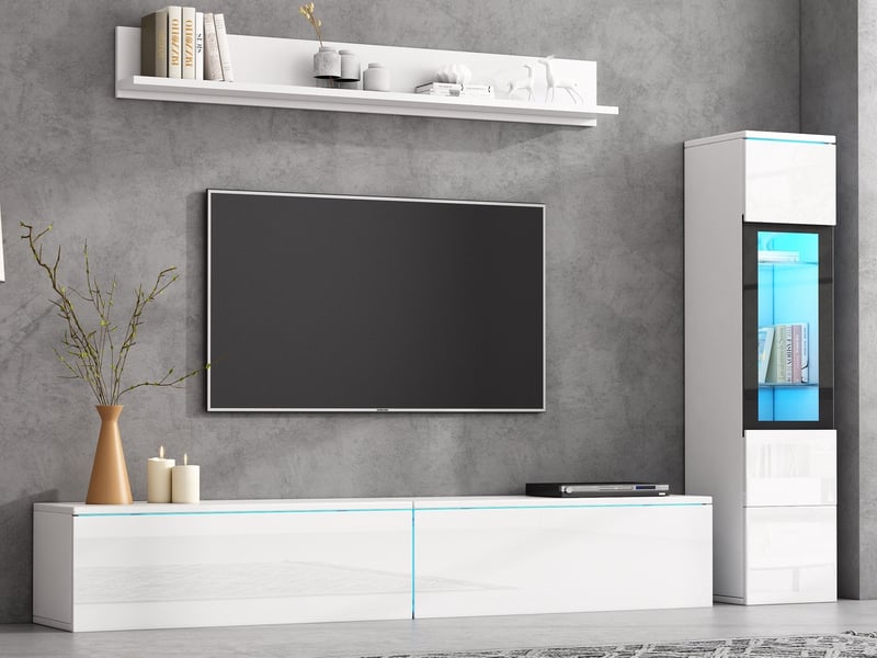  Ensemble de meubles de salon 3 pièces, 1 meuble tv, 1 vitrine de salon et 1 étagère murale, avec éclairage led, finition blanc brillant N625P507030031W - Conforama B