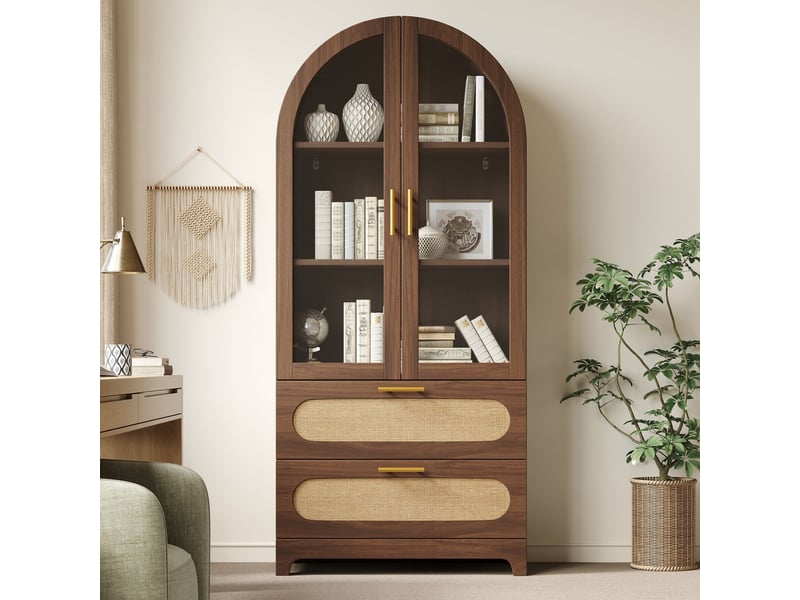  Vitrine 175 x 80 x 40 cm arche montmartre x2 2 tiroirs étagères réglables design rétro noyer bibliothèque  - Conforama B