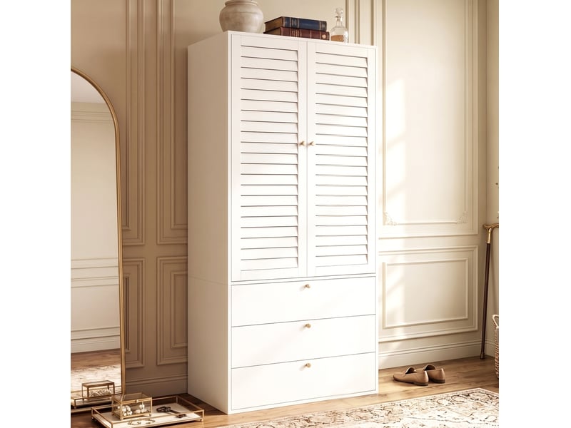  Armoire 2 portes à lamelles avec 3 tiroirs et penderie, 90 x 50 x 200 cm, blanche  - Conforama D