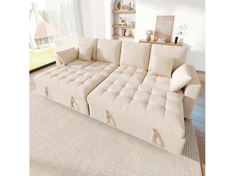 Canapé d'angle convertible 4 places avec deux couchages, led, usb et type-c, dossier réglable en chenille beige - Conforama C
