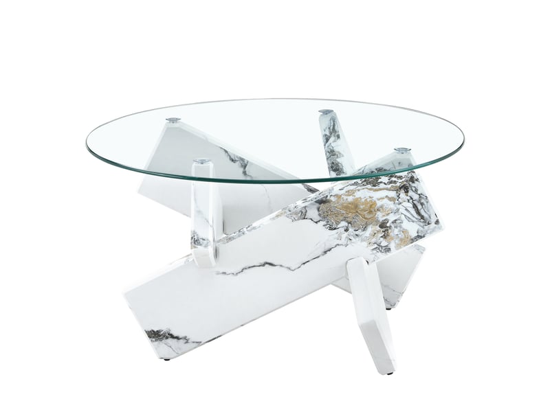  Table basse ronde à support croisé diamètre 79 cm, hauteur 45 cm en mdf et verre blanc transparent  - Conforama A