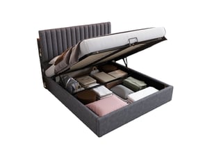 Lit coffre 140x200 cm - lit double capitonné avec éclairage led et port usb-c - matelas inclus - lin et métal - gris