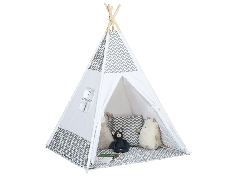  Tente teepee indien tente de jeu pour enfant style graphique - dim. 1,2l x 1,2i x 1,55h m - à l'intérieur à l'extérieur gris blanc - porte refermable fenêtre tapis coussin sac transport inclus  - Conforama B