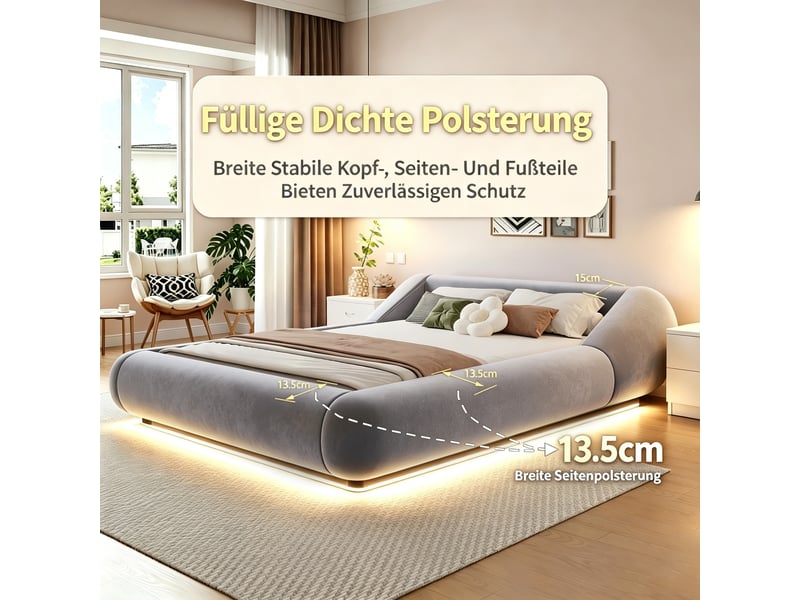  Lit 2 places 140x200 cm en velours avec tête de lit enveloppante, cadre flottant led, design arrondi moderne gris  - Conforama E