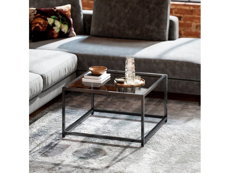  Table basse carrée fixe avec plateau en verre trempé et pieds en acier, style industriel noire, 68 × 68 × 39 cm  - Conforama E