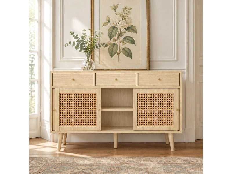  Buffet bas à portes coulissantes – 3 tiroirs, façades en cannage, chêne clair – 120 x 40 x 78 cm  - Conforama B