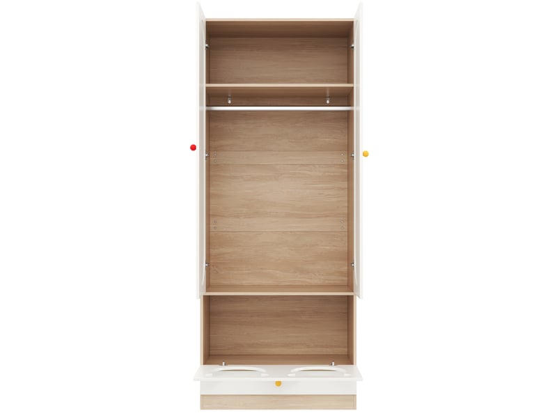  Armoire enfant 2 portes avec tringle, étagères et tiroirs, pour chambre, en mdf blanc et naturel, 80 × 50 × 200 cm  - Conforama E