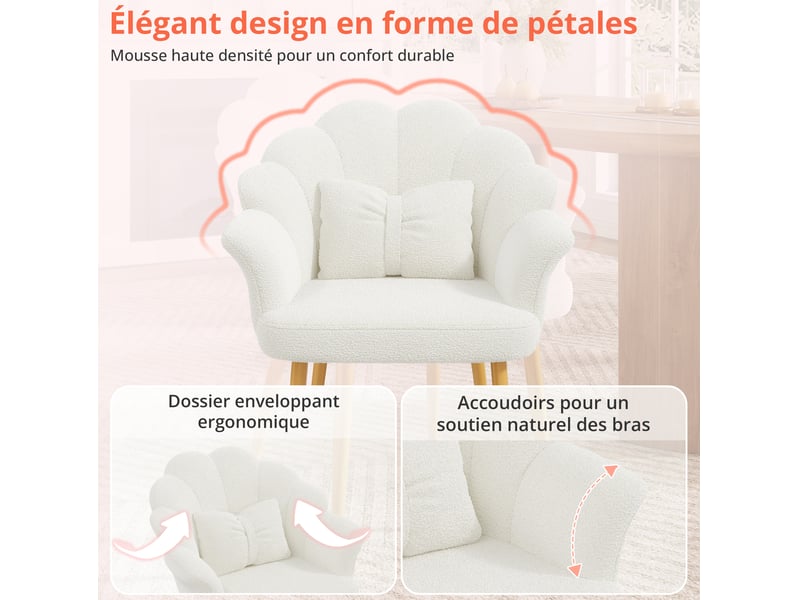  Lot de 2 fauteuils de salle à manger 64x65,5x85 cm, dossier pétale, coussins nœud, pieds en métal doré, blanc  - Conforama E