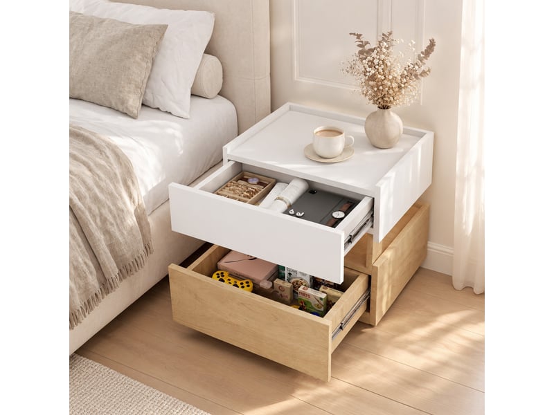  Table de chevet 2 tiroirs, charge sans fil et led réglable, style industriel, blanc et bois naturel 50 × 40 × 50 cm  - Conforama B