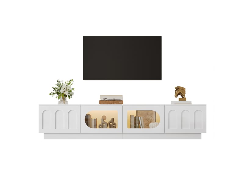  Meuble tv 200 x 40 x 42 cm blanc mdf et panneaux de particules, 4 portes avec éclairage led piloté par application  - Conforama A