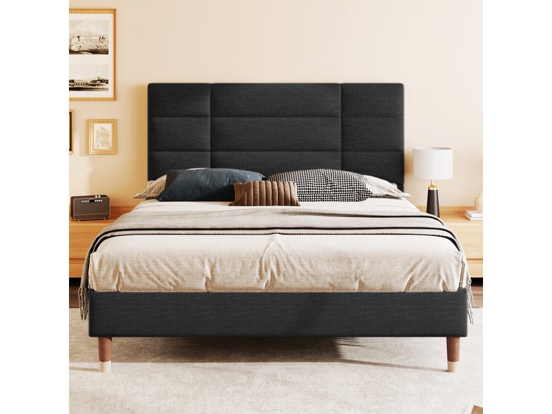  Lit rembourré lit double 140x200cm avec sommier à lattes, en lin noir, cadre de lit rembourré avec tête de lit  - Conforama W
