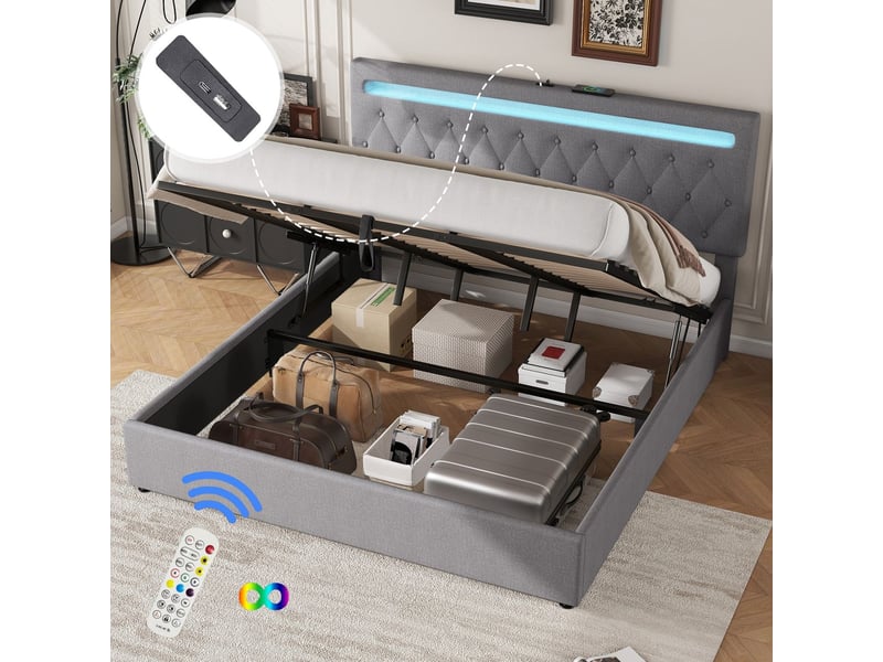 Lit coffre 180x200 avec led multicolore et ports usb - lit rembourré - tissu en lin gris, grand rangement hydraulique - Conforama E