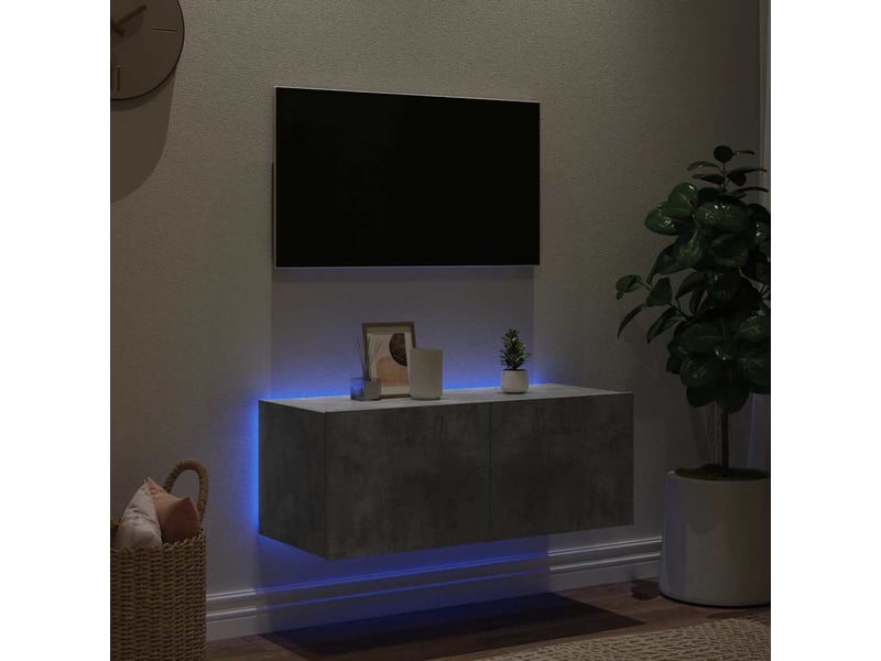  Meuble tv - banc tv - meuble de rangement mural avec lumières led gris béton 80x35x31 cm  - Conforama C