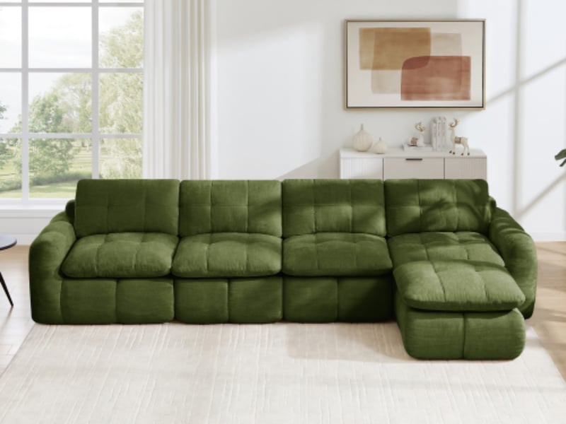  Canapé modulable d’angle en l 4 places avec pouf mobile, chenille vert, sans structure  - Conforama B