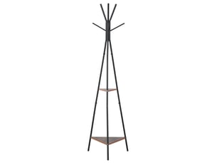 Porte-manteau trépied style industriel branches 2 étagères + 6 patères dim. 52l x 46l x 182h cm noir métal