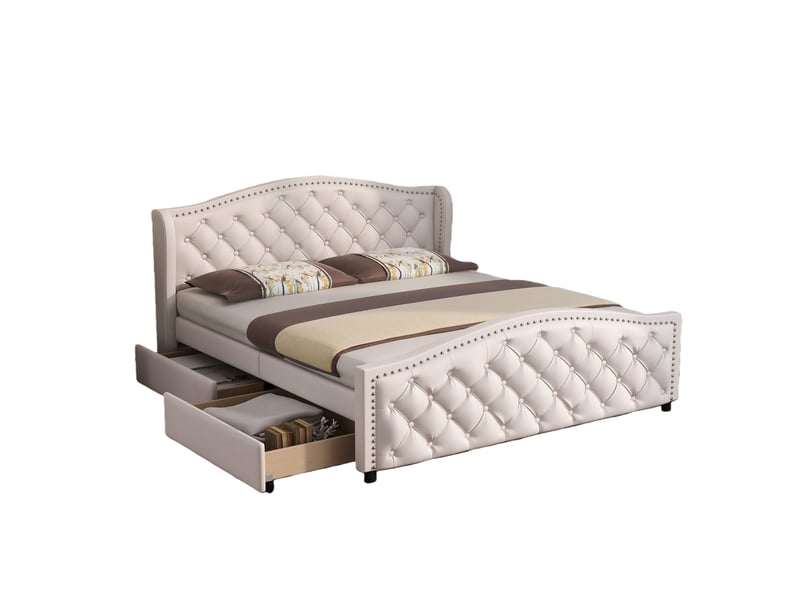  Lit double 160x200 cm avec tiroirs et tête de lit capitonnée - sommier à lattes - simili cuir blanc  - Conforama A
