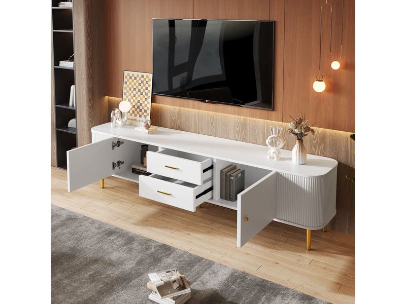  Meuble tv avec tiroirs et coins arrondis, côtés ondulés, poignées et pieds dorés meuble tv avec rangement  - Conforama A