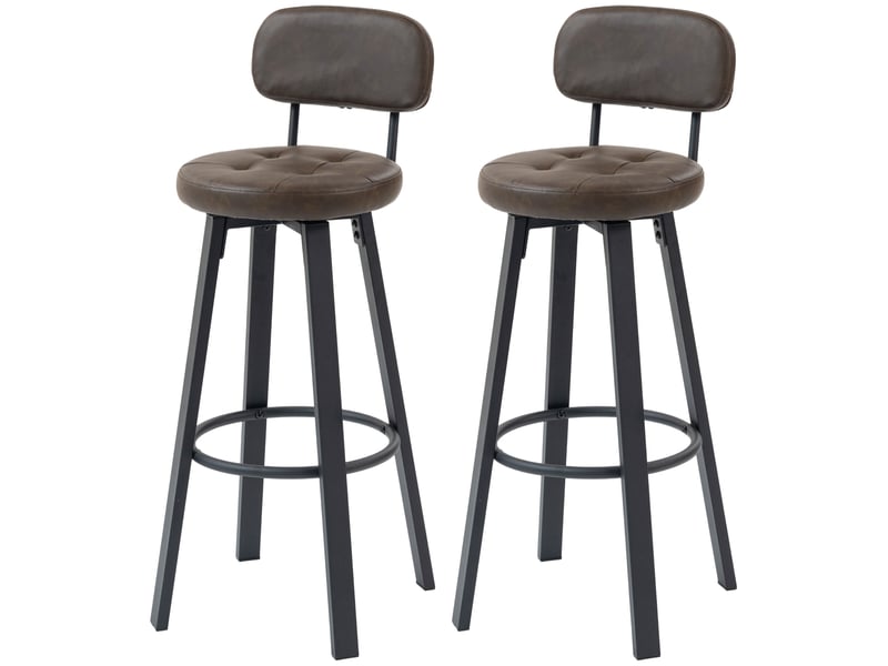  Ensemble de 2 tabourets de bar pivotants pour cuisine, revêtement en polyuréthane, avec dossier, structure en métal et repose-pieds, marron foncé  - Conforama B