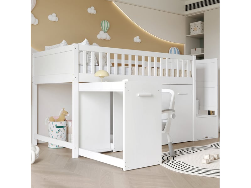 Lit mezzanine enfant 90x200 cm – blanc – bureau mobile, rangements et escalier à 2 compartiments - sans matelas - Conforama B