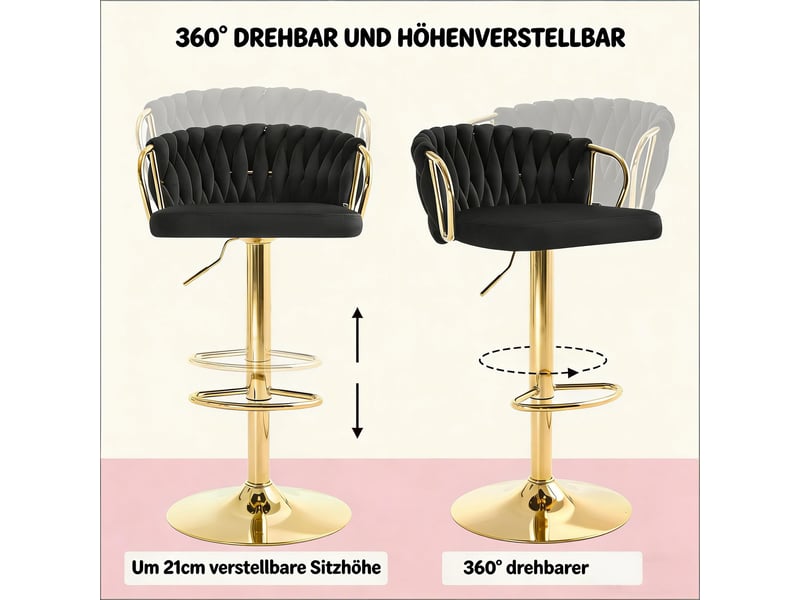 Tabouret de bar pivotant réglable avec dossier, accoudoirs et repose-pieds, en velours et métal, noir  - Conforama E