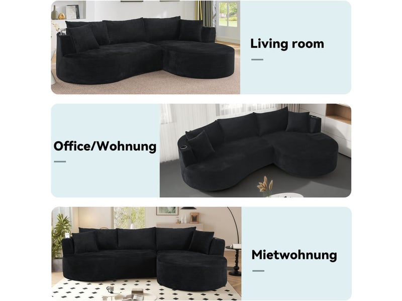  Canapé 3 places compressé avec méridienne droite + 2 places, tissu côtelé, noir, porte-gobelets et coussins 82418-BLK-RC - Conforama D