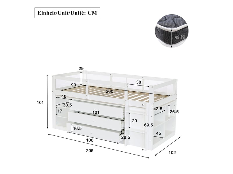 Lit mi-hauteur enfant 90x200 cm, 3 tiroirs, 7 niches, protection acrylique, pin et mdf, blanc, sans matelas - Conforama C
