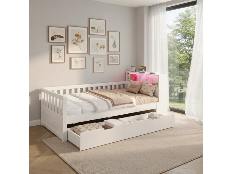 Lit d'enfant 90 × 200 cm, avec tiroirs, étagères et compartiments de rangement, prise électrique et éclairage led, blanc - Conforama B