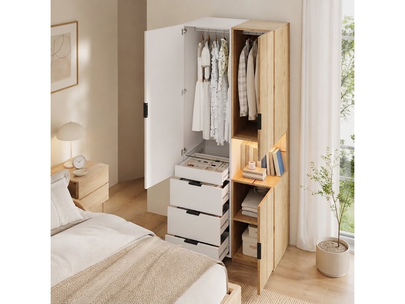  Armoire avec eclairage led et tiroir a bijoux, 90x49x200 cm, blanc et chêne  - Conforama D