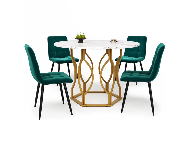  Ensemble repas 5 pièces avec table ronde diamètre 100 cm, plateau blanc effet marbre et 4 chaises en velours vert foncé  - Conforama W