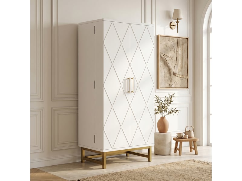 Buffet de cuisine blanc et or, meuble haut 60x40x130 cm, rangement avec étagères ajustables et portes intégrées, idéal pour petite cuisine ou salon - Conforama D