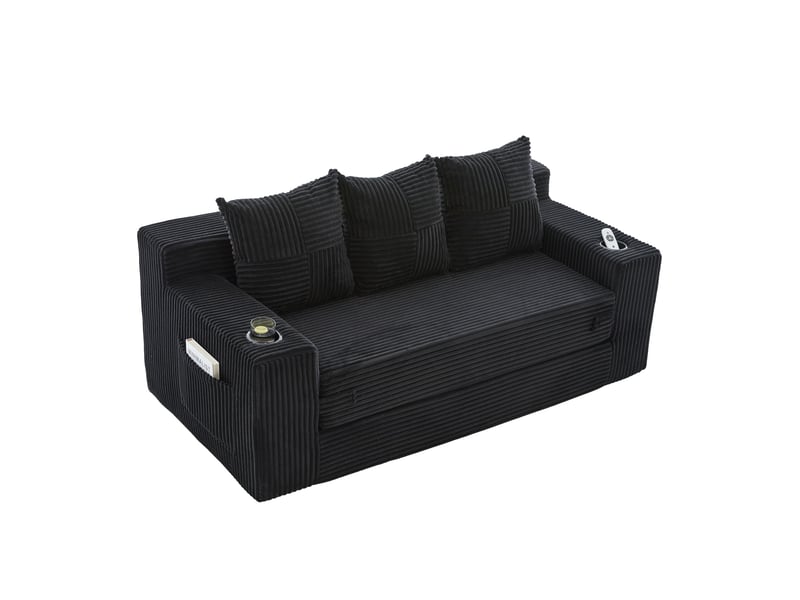 Canapé convertible 3 places 172 x 87 cm – noir – velours côtelé, porte-gobelets et poches latérales - Conforama A