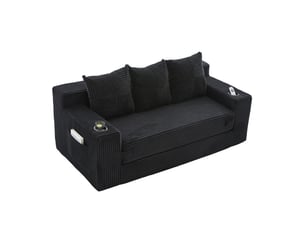 Canapé convertible 3 places 172 x 87 cm – noir – velours côtelé, porte-gobelets et poches latérales