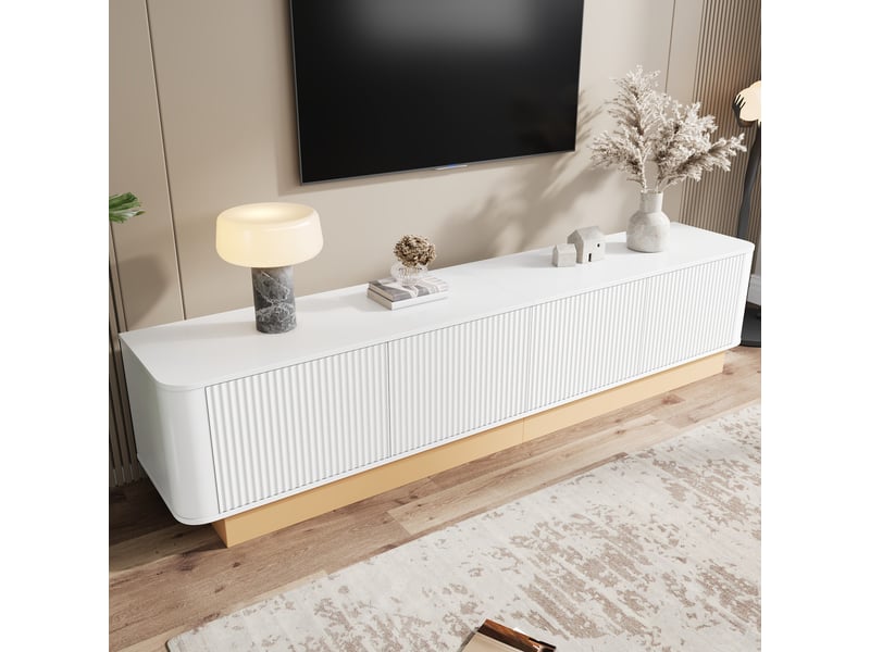  Meuble tv 200x40x47,5 cm, 4 portes, étagères réglables, passe-câbles, façades texturées, grand rangement pour salon - blanc  - Conforama E
