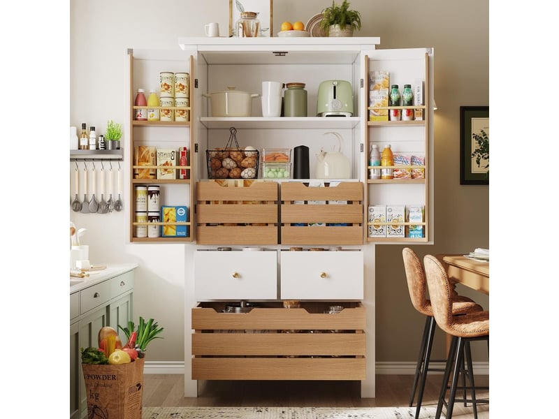  Buffet de cuisine haut 80x40x140cm avec 2 portes et 5 tiroirs, rangement multifonctionnel, design moderne blanc  - Conforama E