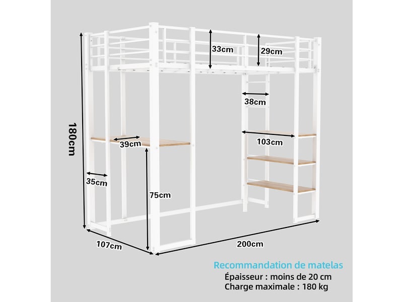  Lit superposé en fer 90x190 cm blanc avec échelle et garde-corps bureau et rangement intégrés pour chambre enfant et adolescent Sol Morn - Conforama C