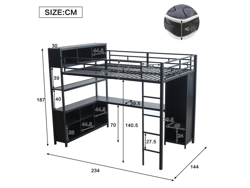  Lit mezzanine,140x200 cm,avec rangement,métal et panneau de particules,noir  - Conforama C