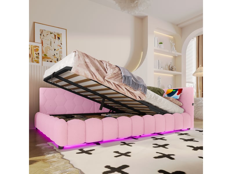  Lit de jour 140x200 cm rose avec led, ports usb-c, coffre hydraulique et sommier à lattes  - Conforama C