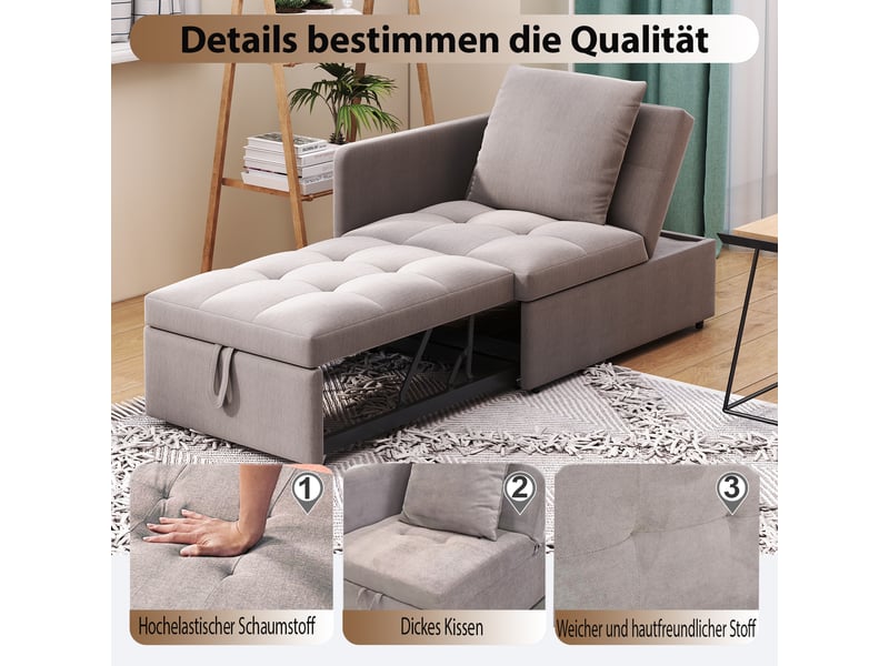  Canapé convertible lit gris tissu lin, canapé-lit 3 en 1 avec tiroirs intégrés et dossier réglable pour salon ou chambre  - Conforama W