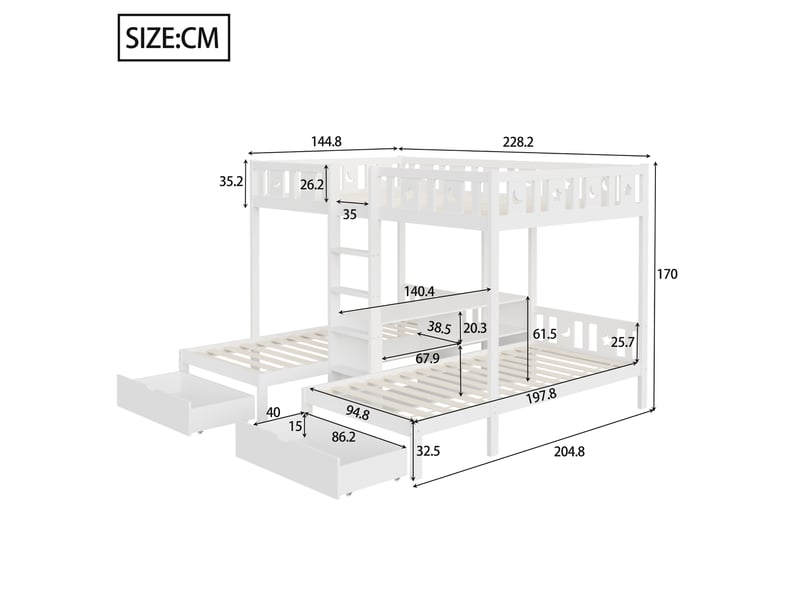  Lit superposé 3 places 90-140 x 200 cm avec 2 tiroirs led et rangements intégrés, structure bois, blanc BUYDEEMEUS - Conforama E