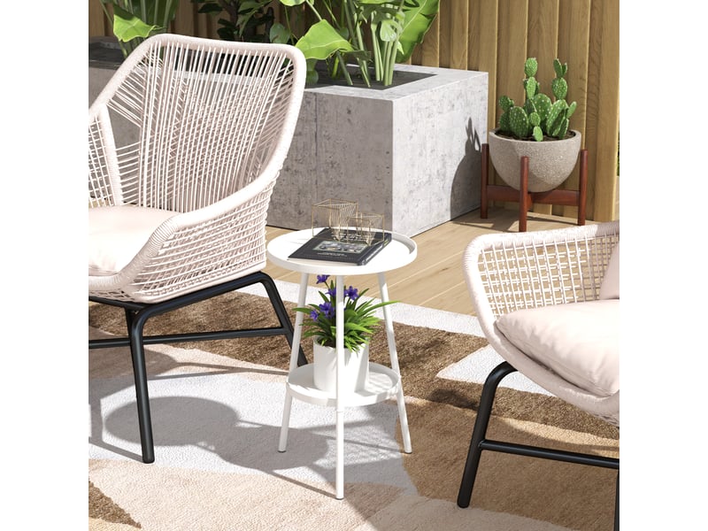  Table de jardin ronde à 2 niveaux avec rebords surélevés et plateau inférieur, pour une utilisation intérieure et extérieure, ø 32 x 51 cm, blanche  - Conforama C